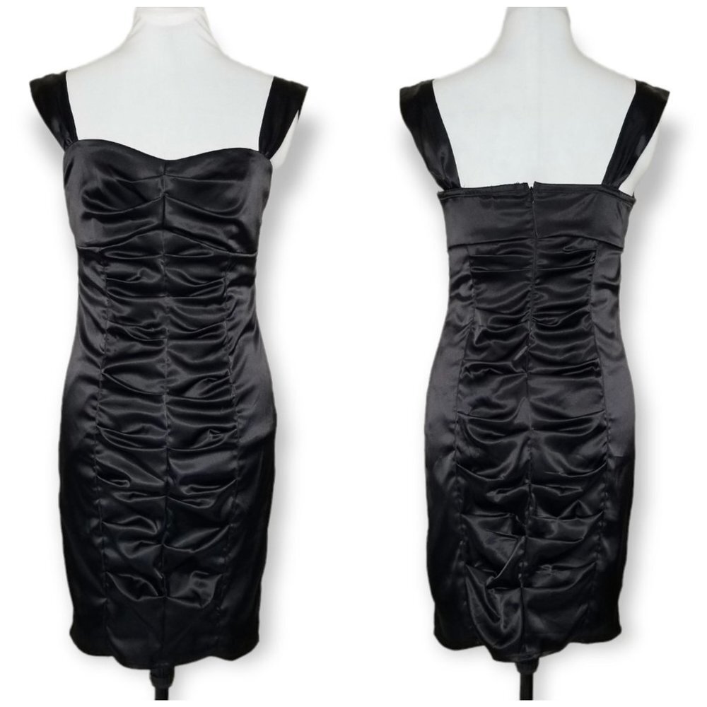 ❤️Vintage Ruby Rox Black Satin Bodycon Mini Dress With Ruched Center Goth Witch